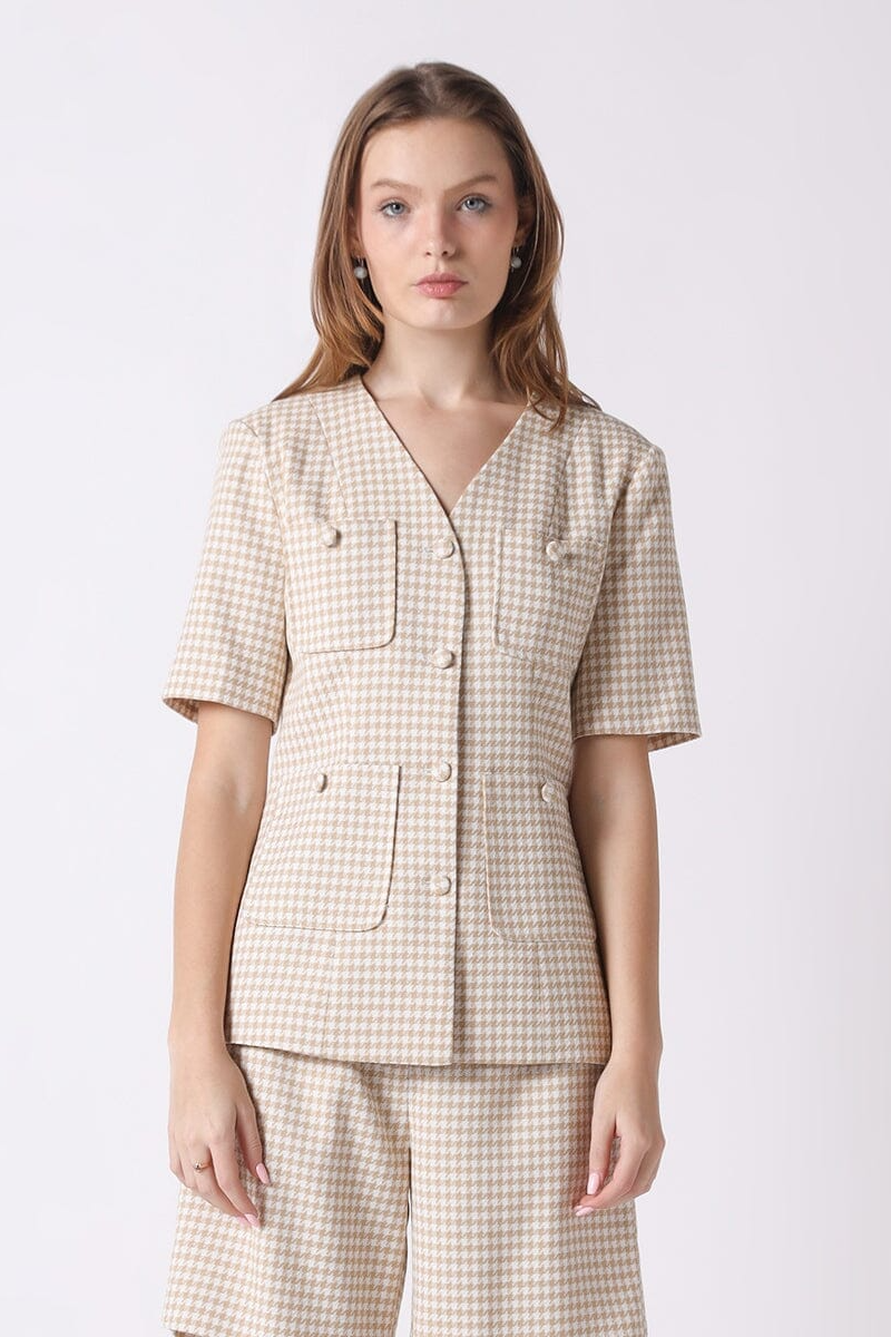 Houndstooth Pattern V Neck Half Sleeve Jacket