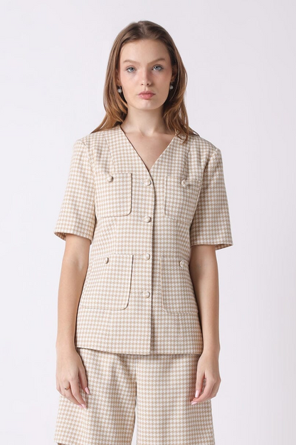 Houndstooth Pattern V Neck Half Sleeve Jacket