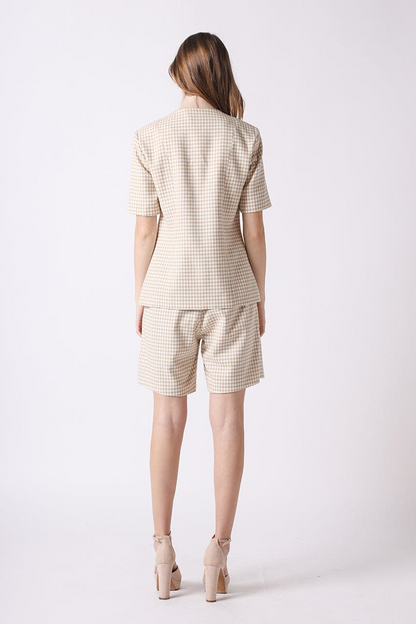 Houndstooth Pattern V Neck Half Sleeve Jacket