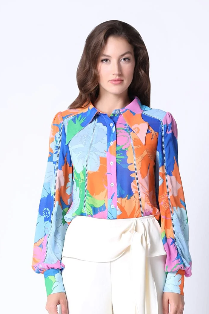 Crochet Trim Button Front Collared Print Shirt