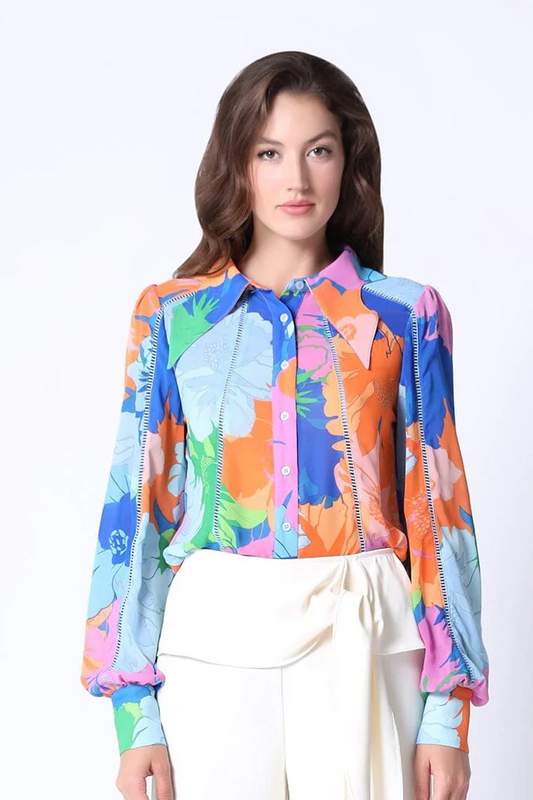 Crochet Trim Button Front Collared Print Shirt