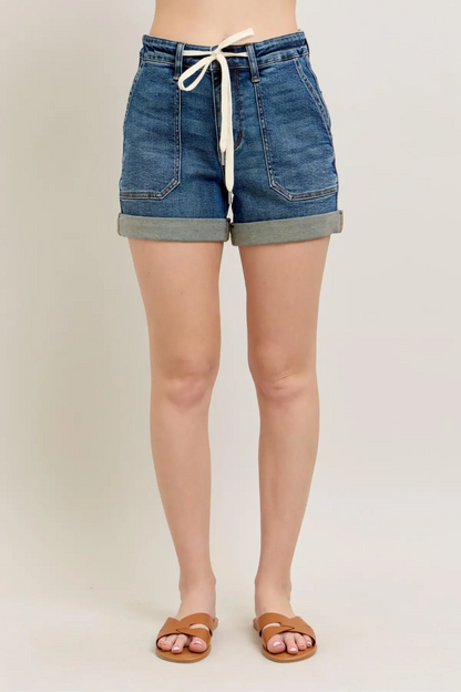 JUDY BLUE HI WAIST DARK DEN CUFF JOGGER SHORTS