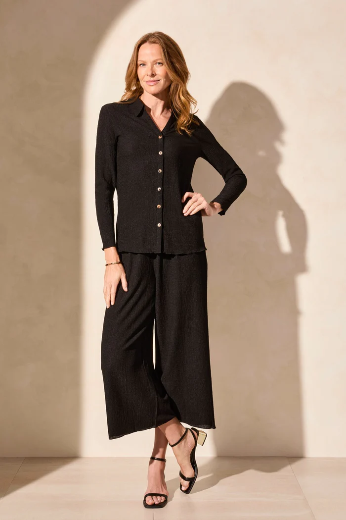 Crinkle Knit Button-Front Loose Shirt