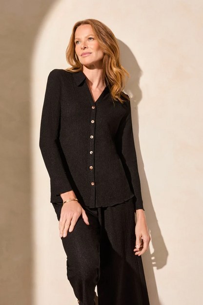 Crinkle Knit Button-Front Loose Shirt