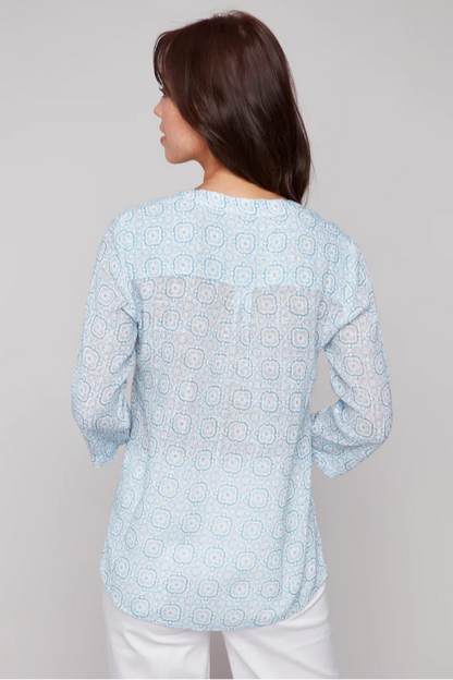Printed Roll Up Sleeve Cotton Gauze Blouse
