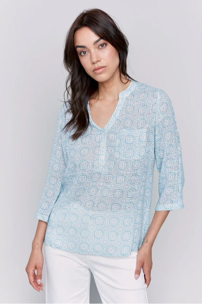 Printed Roll Up Sleeve Cotton Gauze Blouse