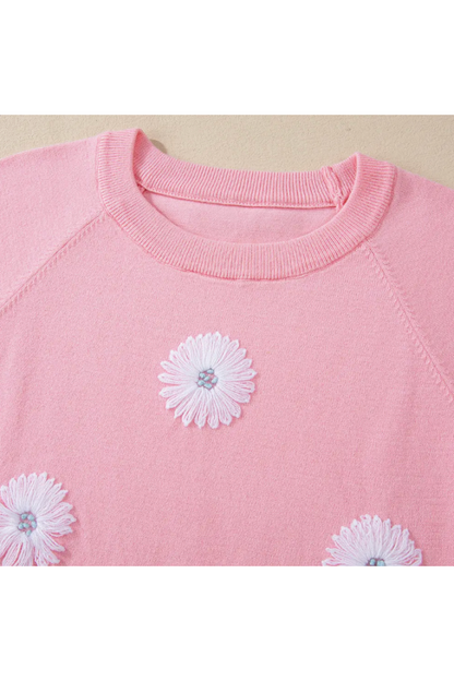 PINK FLOWER SHORT SLEEVE KNIT TOP