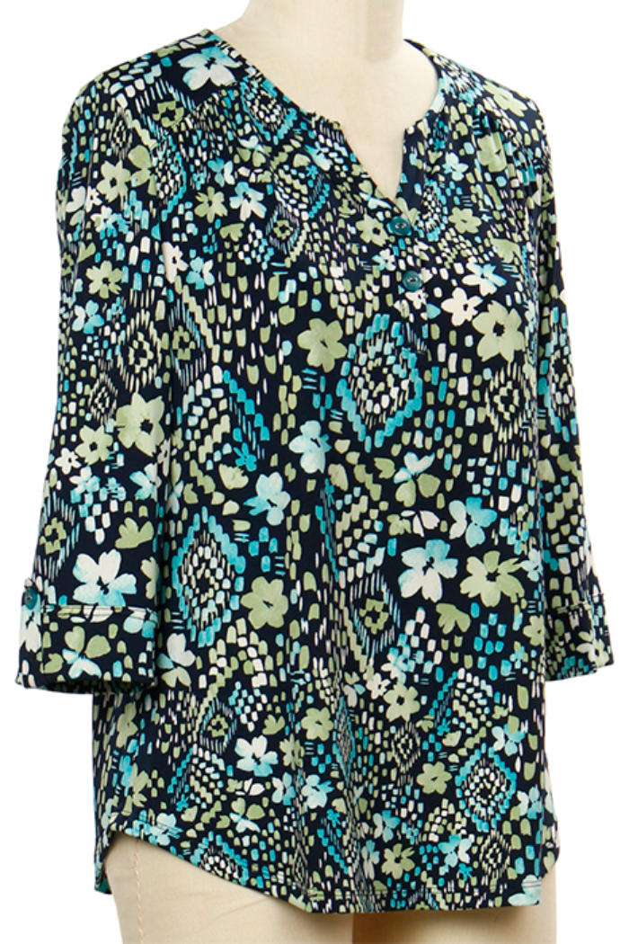 3/4 Sleeve Floral Geo Print Top
