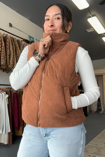 Womens Corduroy Stand Neck Zipped Puffer Vest (S-3XL)