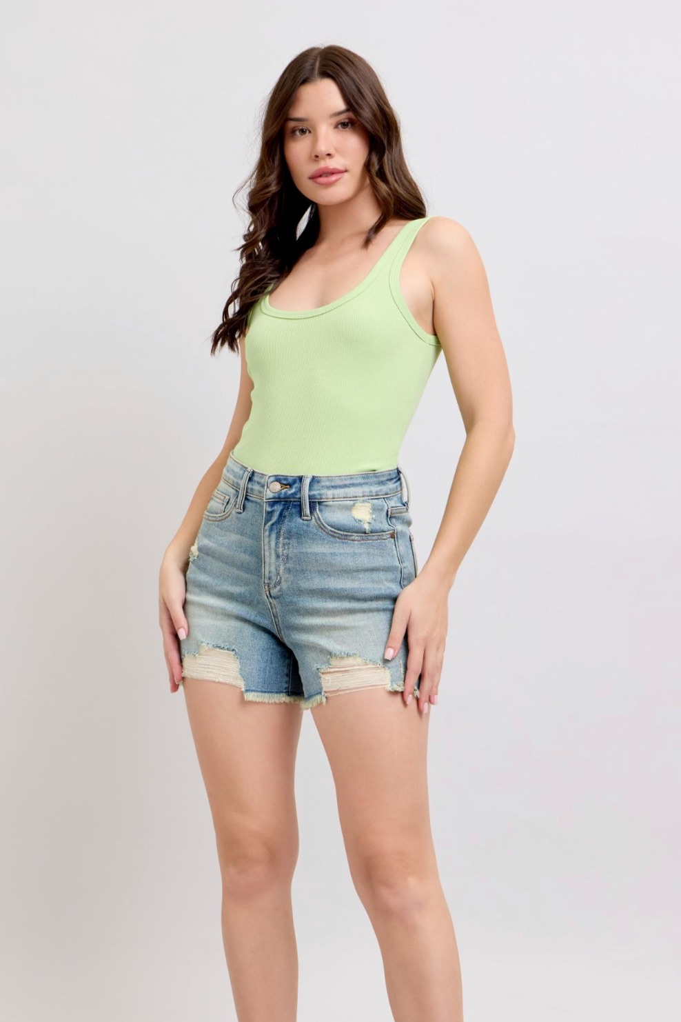 High Waist VInatage Wash Fly Stitch Destroy Shorts