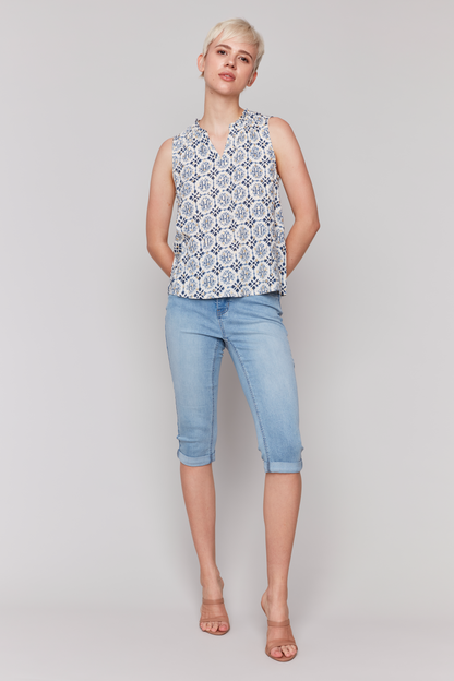 Printed Sleeveless Blouse with Ruffle Collar
