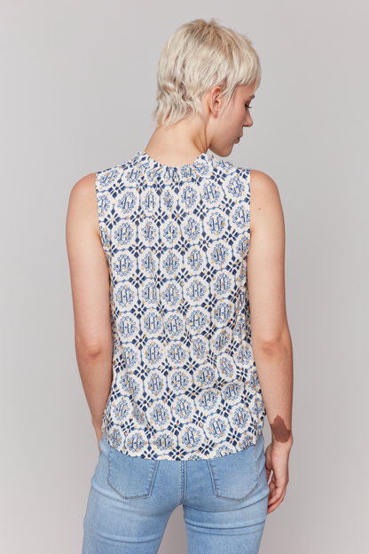 Printed Sleeveless Blouse with Ruffle Collar