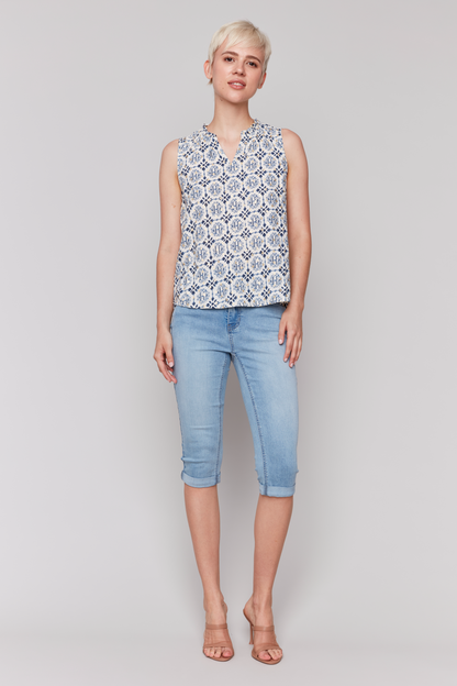 Printed Sleeveless Blouse with Ruffle Collar