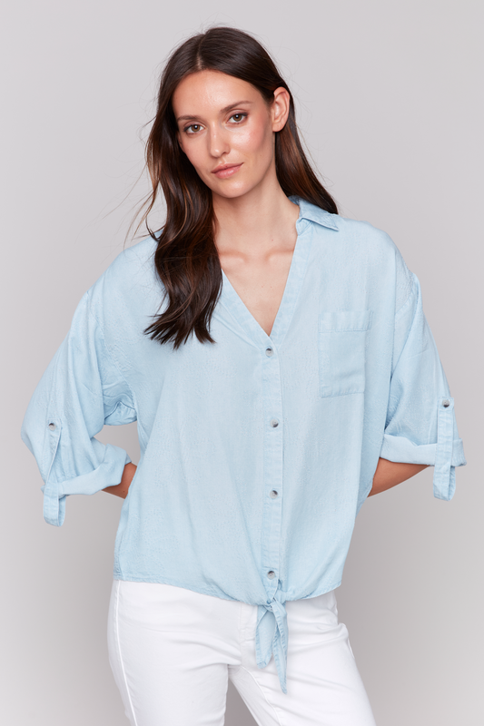 Chambray Shirt Collar Button Front Blouse