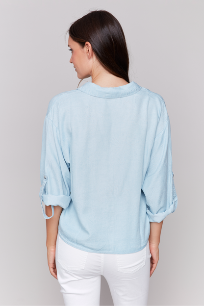 Chambray Shirt Collar Button Front Blouse