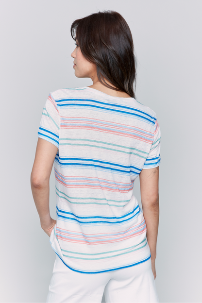 Stripe Printed Short Sleeves V-Neck Linen T-Shirt