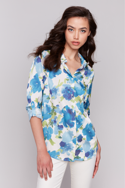 Floral Printed Button Up Roll Up Sleeves Blouse