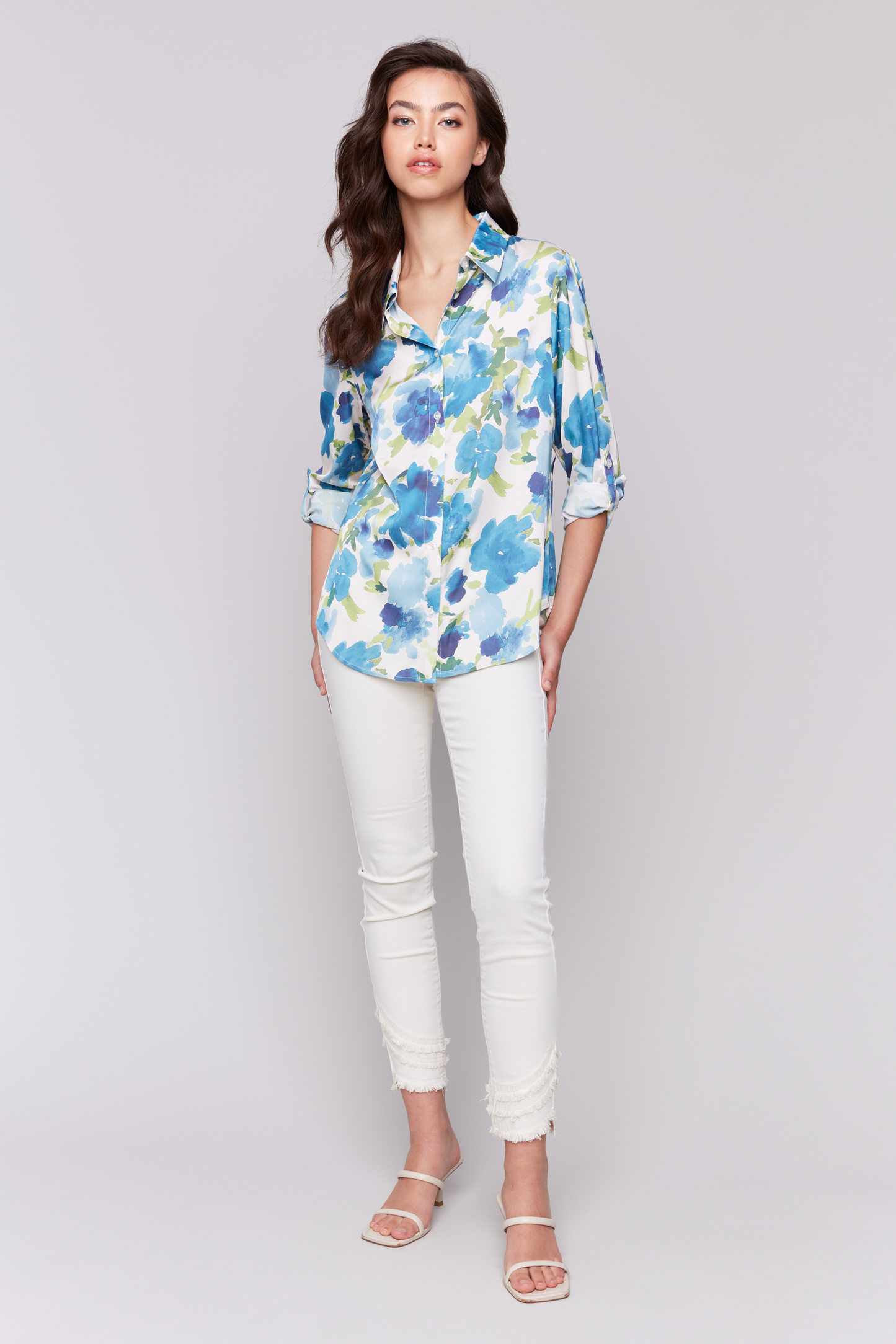 Floral Printed Button Up Roll Up Sleeves Blouse