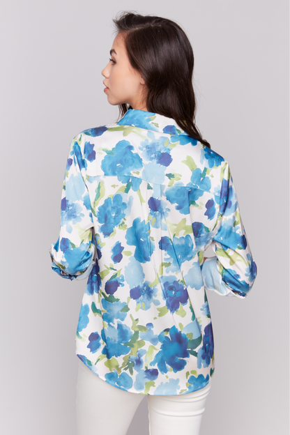 Floral Printed Button Up Roll Up Sleeves Blouse