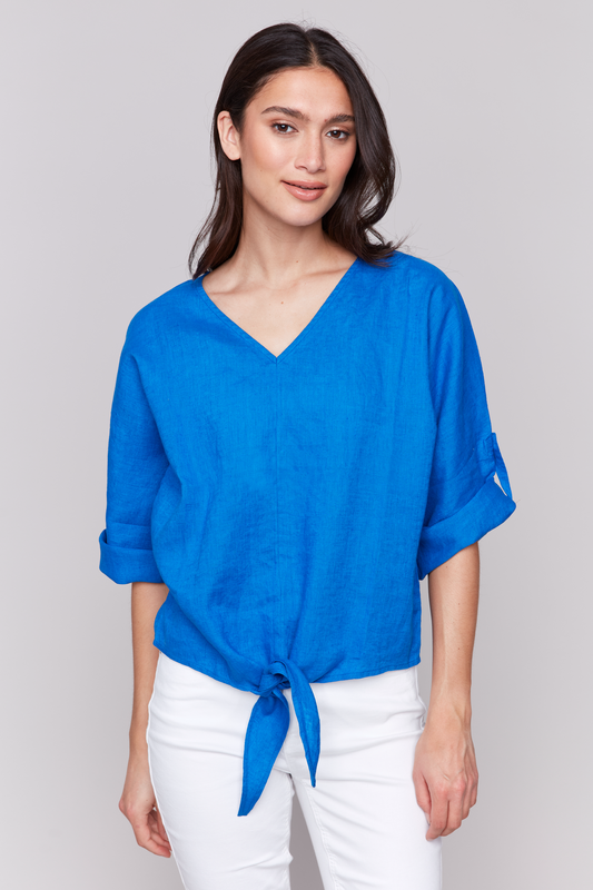 Dolman 3/4 Roll Up Sleeves Blouse with Front Tie