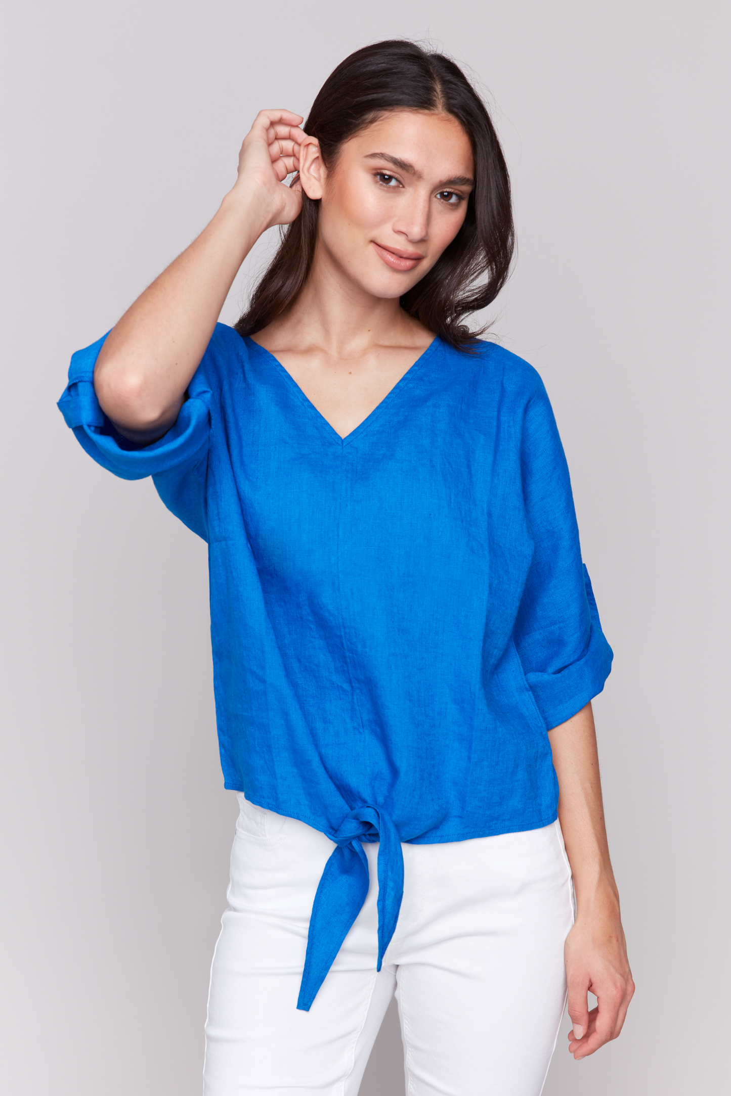 Dolman 3/4 Roll Up Sleeves Blouse with Front Tie