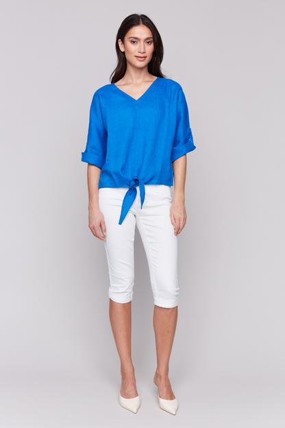 Dolman 3/4 Roll Up Sleeves Blouse with Front Tie