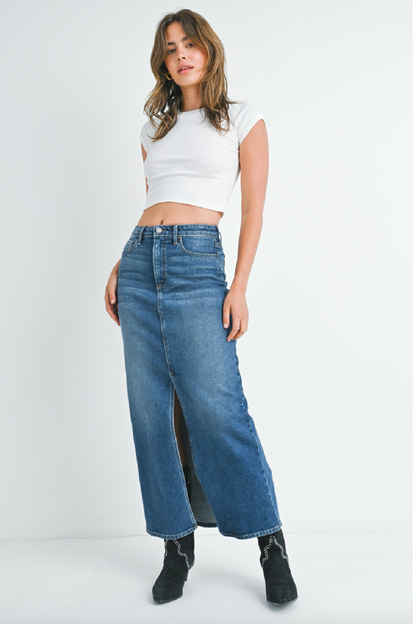 Stretch Classic Denim Midi Skirt