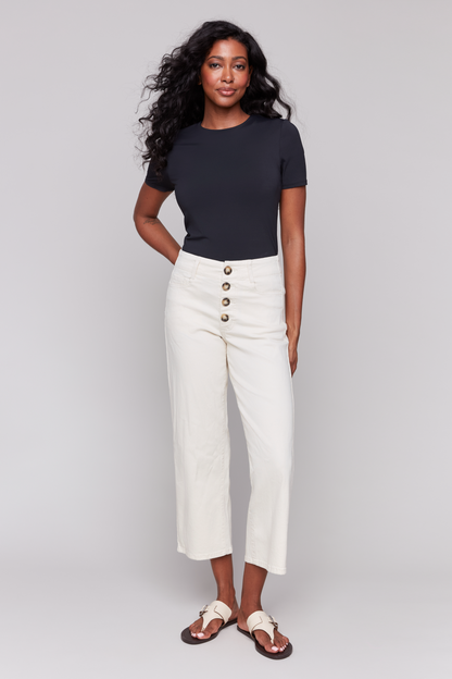 White Button Front Fly Straight Crop Leg Pant