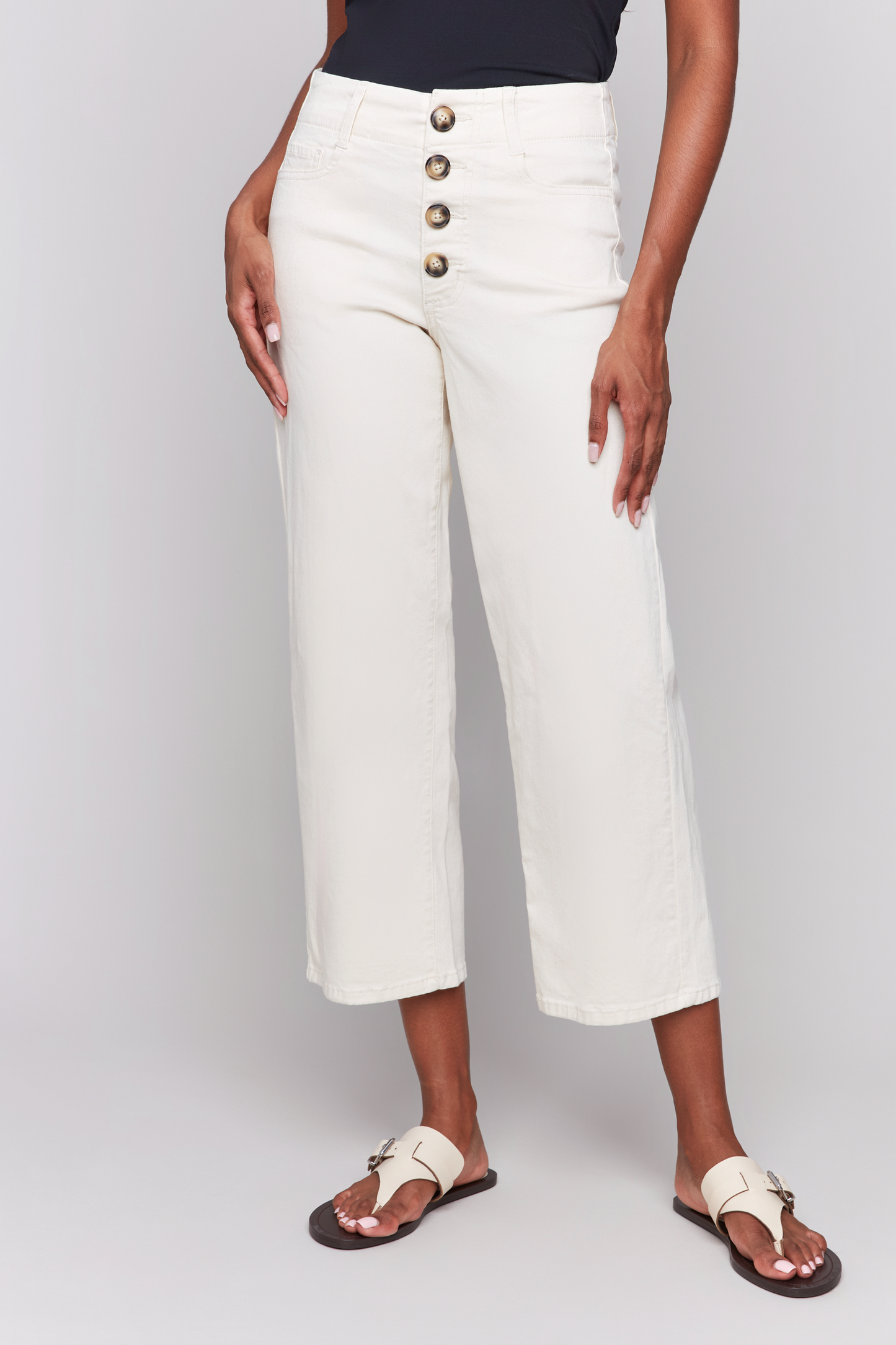 White Button Front Fly Straight Crop Leg Pant