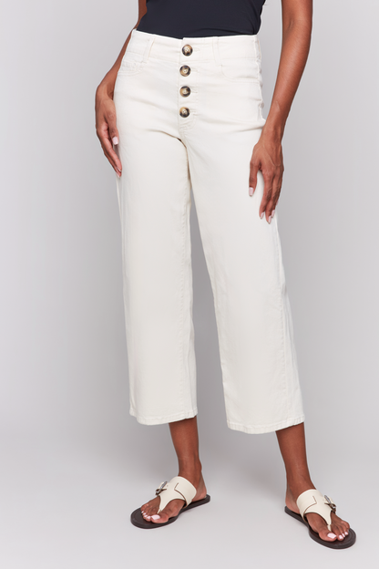 White Button Front Fly Straight Crop Leg Pant