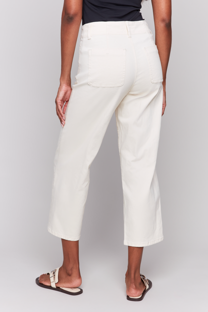 White Button Front Fly Straight Crop Leg Pant