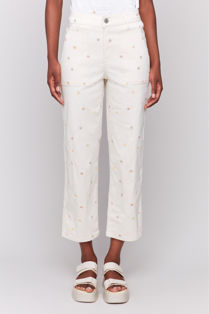 White Flower Embroidered Pocket Pant