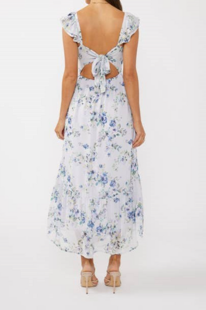 Floral Textured Open Back Tie Maxi Dress