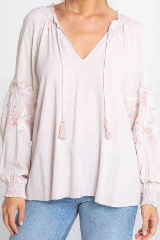 Long Sleeve Linen Embroidered Peasant Top