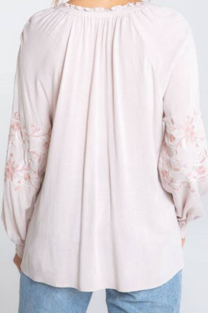 Long Sleeve Linen Embroidered Peasant Top