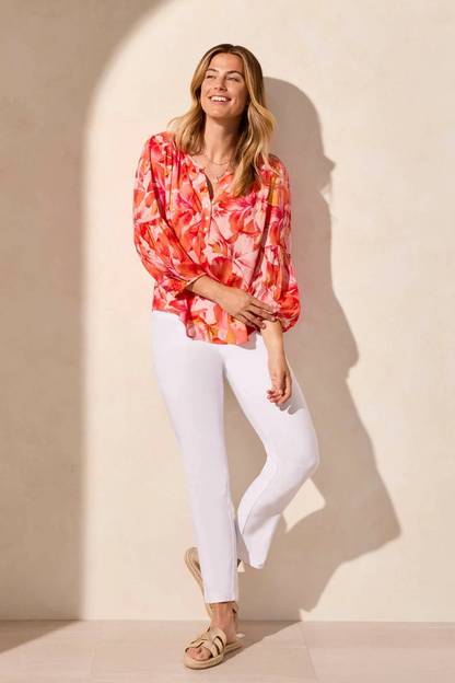 Jacquard Smocked-Yoke Three-Quarter Sleeve Blouse