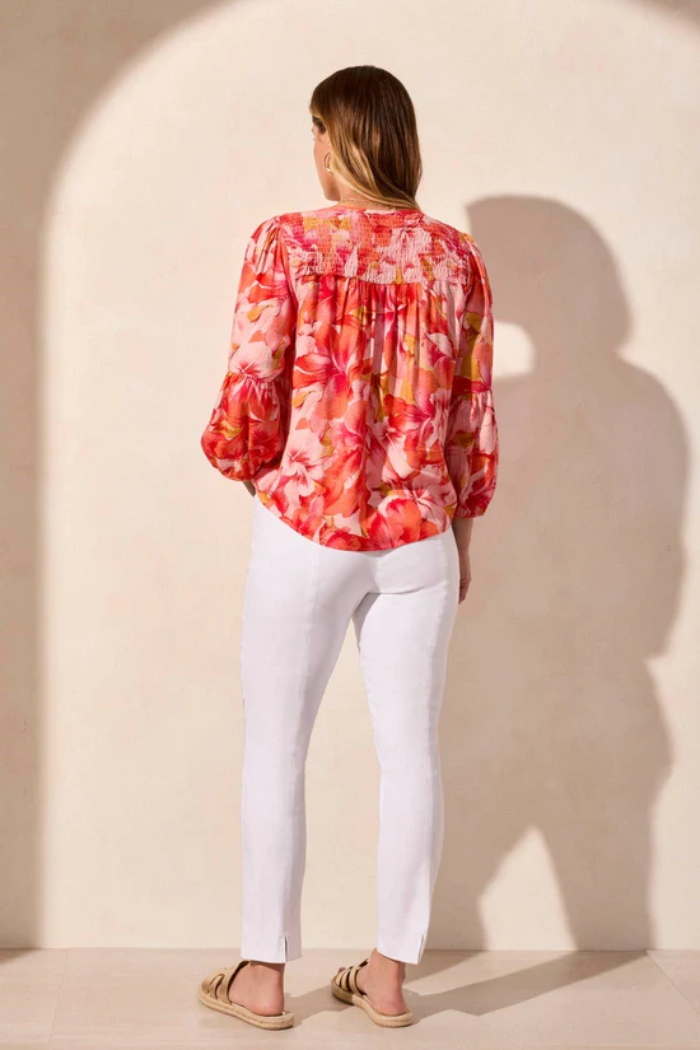 Jacquard Smocked-Yoke Three-Quarter Sleeve Blouse