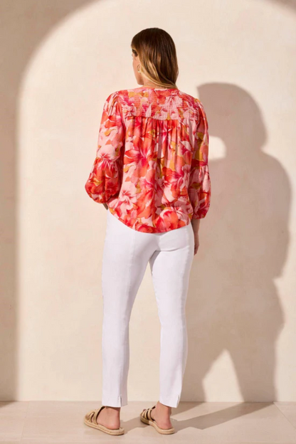 Jacquard Smocked-Yoke Three-Quarter Sleeve Blouse