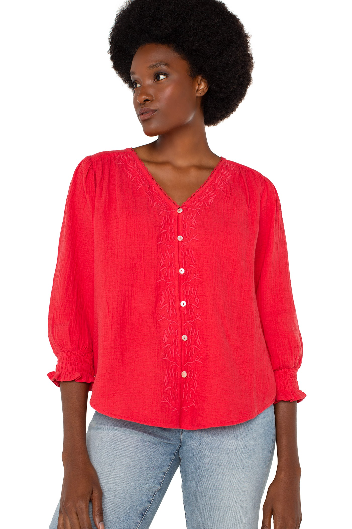 3/4 Slv Embroidered Woven Blouse