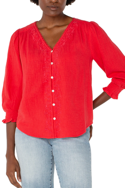 3/4 Slv Embroidered Woven Blouse