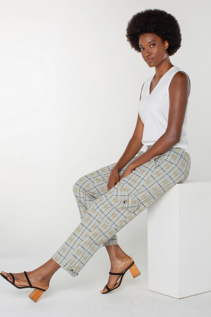 Utility Cargo Crop w/ Tab Hem- Taupe Multi Glen Plaid