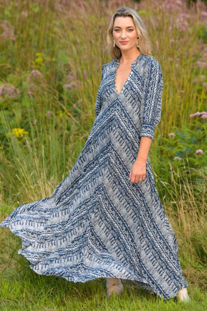 Daphne Dress - Indigo Aztec