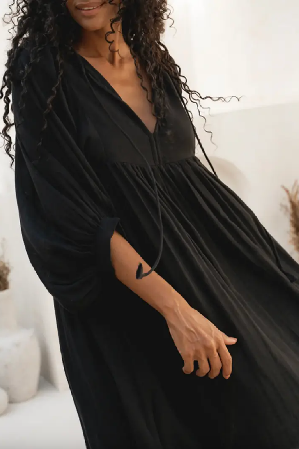 Cotton 3/4 Balloon Sleeve Maxi Dress