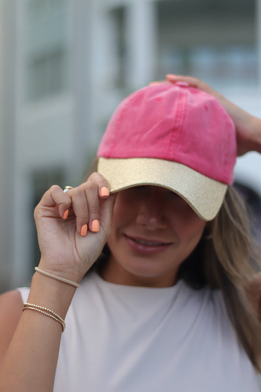 Red Hat with Gold Glitter Bill: Red / One Size