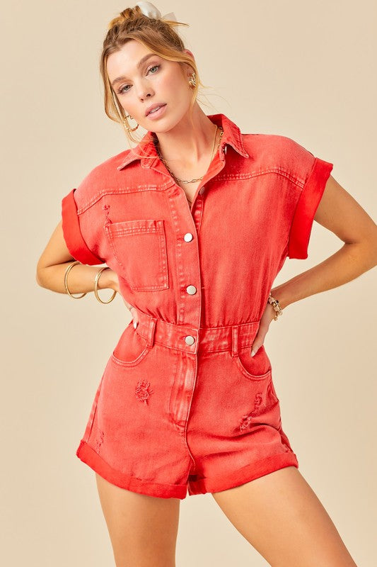 Red Distressed Denim Romper