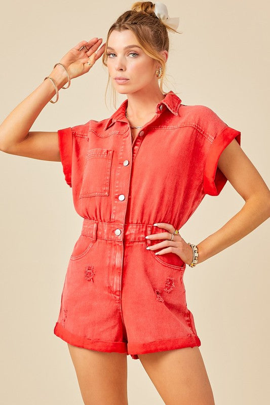 Red Distressed Denim Romper