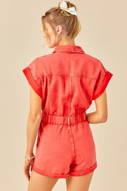 Red Distressed Denim Romper