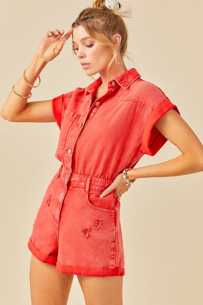 Red Distressed Denim Romper