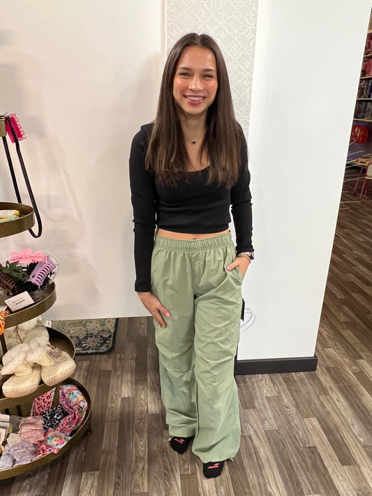 Sage Elastic Waist Parachute Pants