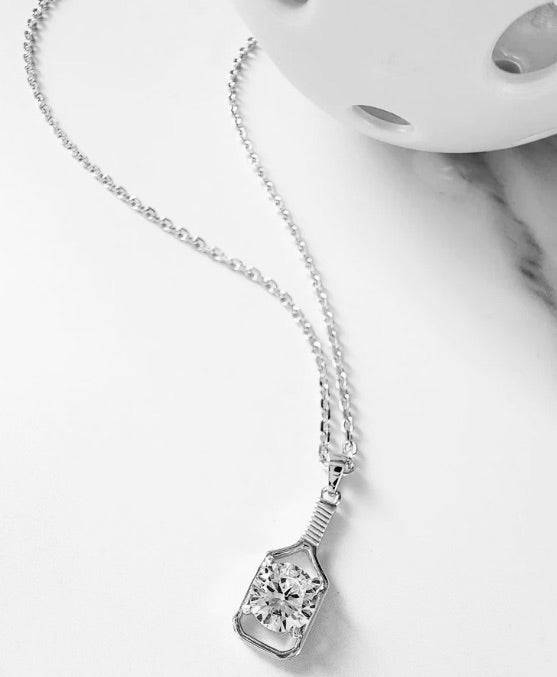 Pickleball Solitaire Paddle and Stone Silver  Necklace